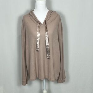 Maurices Taupe Ribbed V-Neck Hoodie with Satin Ties